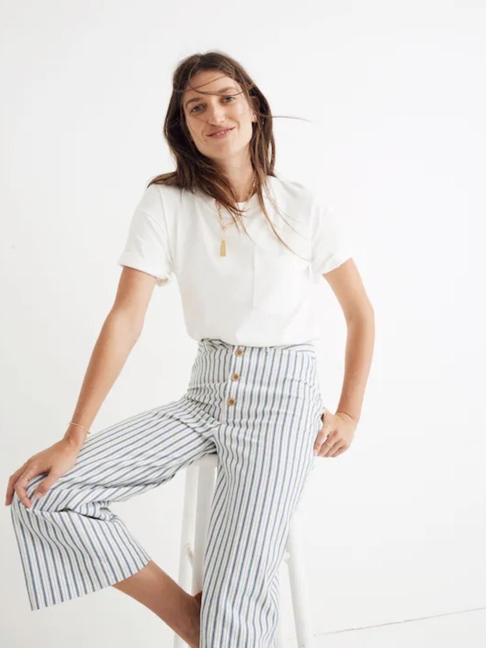 Madewell Emmett Wide-Leg Crop Pants in Stripe Button-Front Edition Size 8